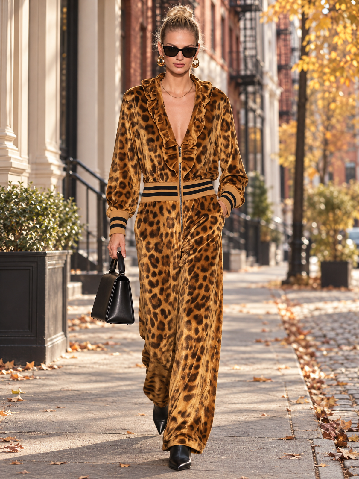 Retro Gold Leopard Print Velvet Ruffle V-Neck Zip Up Wide Leg Jumpsuit