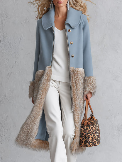 Urban Elegance Dusty Blue Wool-Blend Patchwork Faux Fur Coat