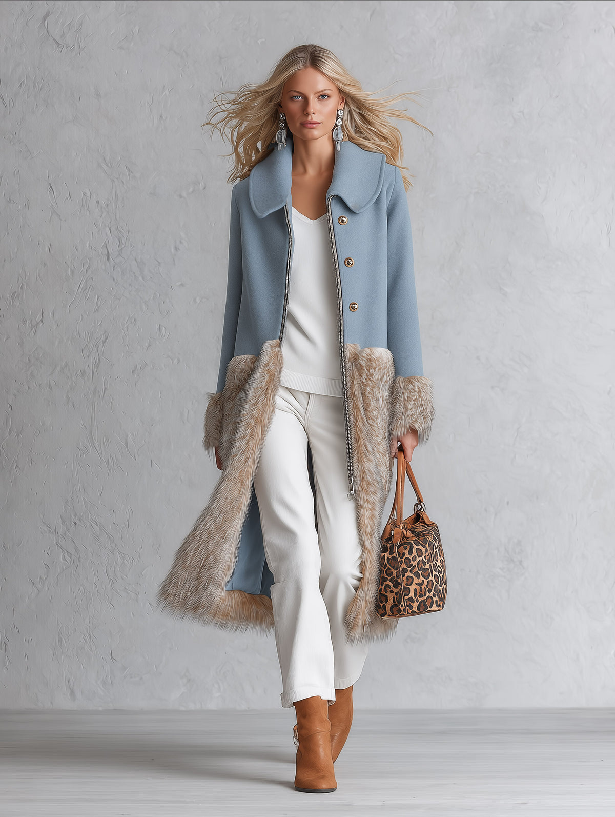 Urban Elegance Dusty Blue Wool-Blend Patchwork Faux Fur Coat