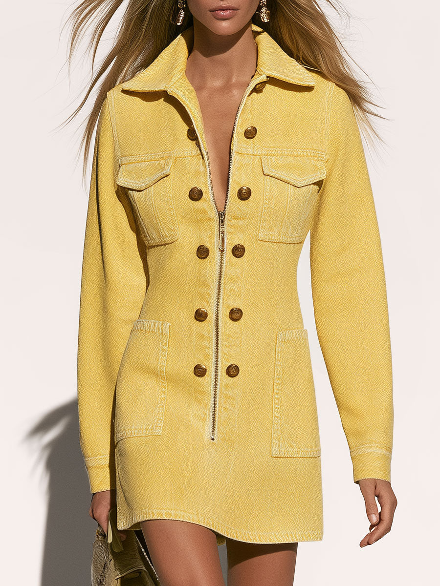 Vintage Yellow Multi-pocket Washed Denim Long-sleeved Mini Dress