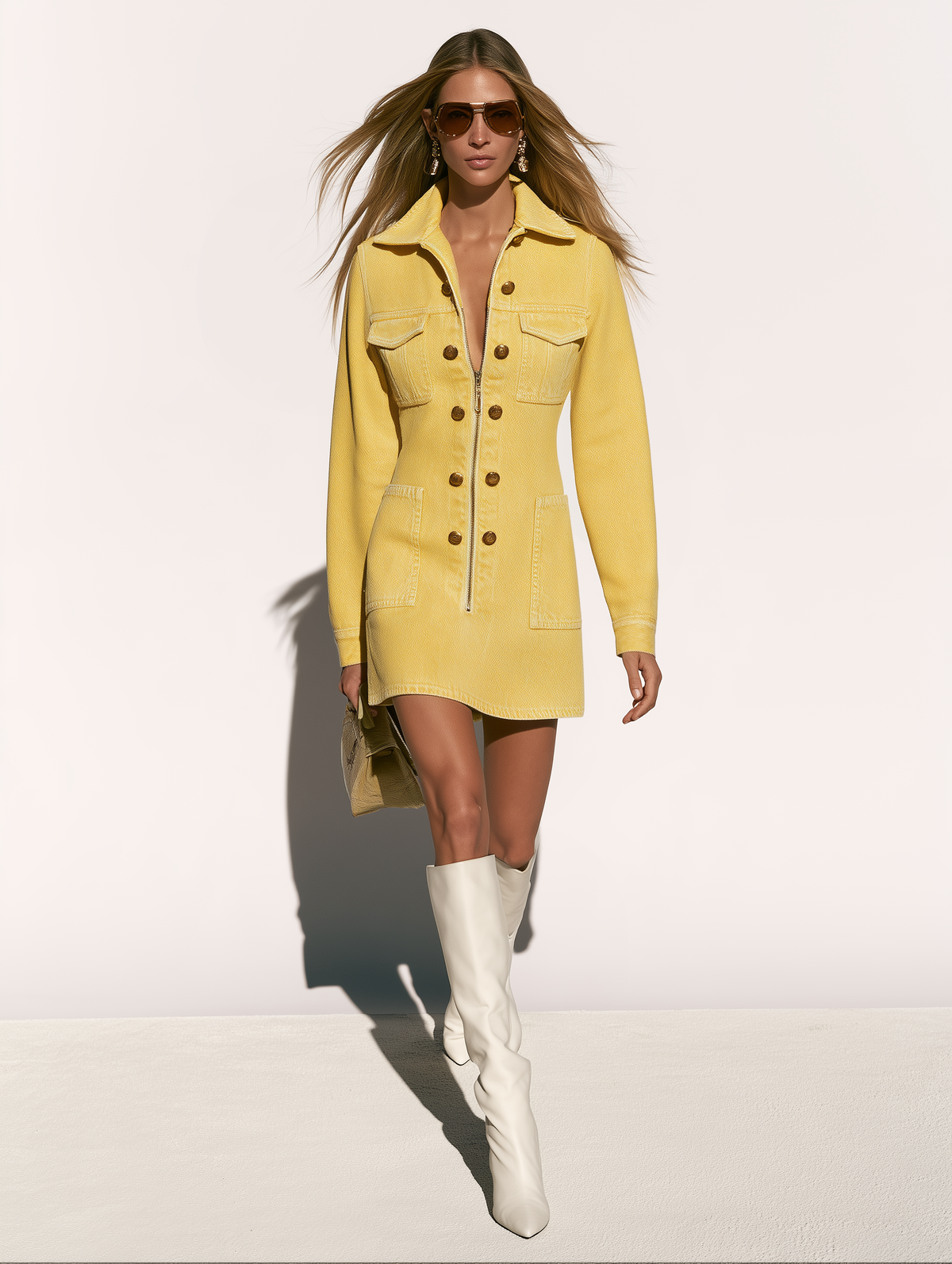 Vintage Yellow Multi-pocket Washed Denim Long-sleeved Mini Dress