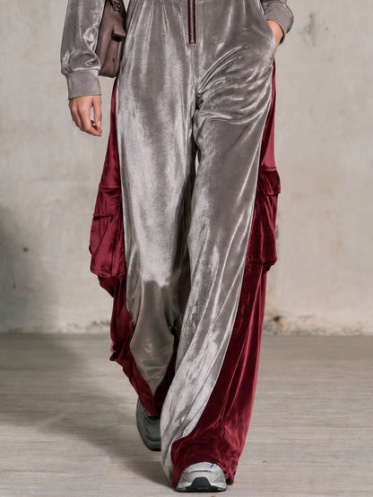 Casual Retro Color-blocked Star Gray Hooded Zip-up Velvet Jumpsuit