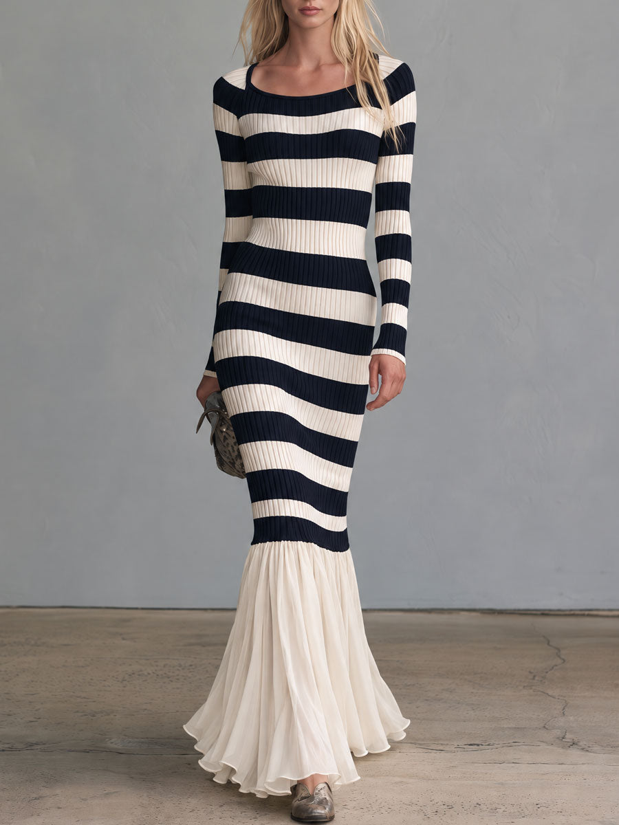 Retro-elegant Blue And White Striped Knit Patchwork Chiffon Ruffled Fishtail Maxi Dress