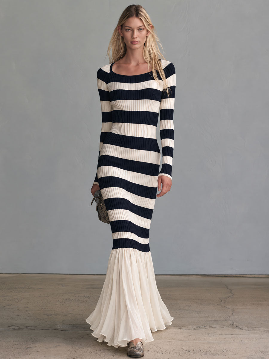 Retro-elegant Blue And White Striped Knit Patchwork Chiffon Ruffled Fishtail Maxi Dress