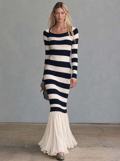 Retro-elegant Blue And White Striped Knit Patchwork Chiffon Ruffled Fishtail Maxi Dress
