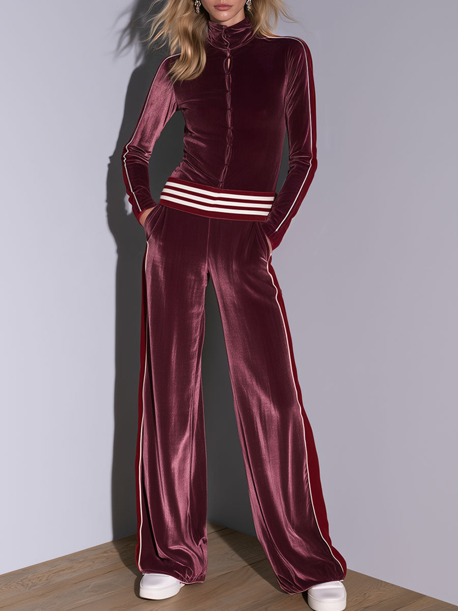 Casual Retro Burgundy Velvet Striped Button-Down Top And Wide-Leg Pants Set