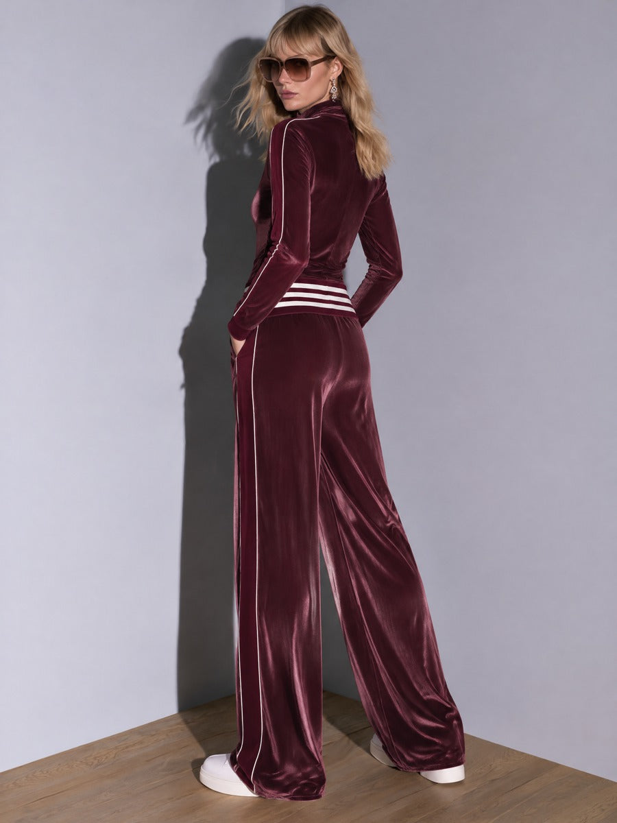 Casual Retro Burgundy Velvet Striped Button-Down Top And Wide-Leg Pants Set
