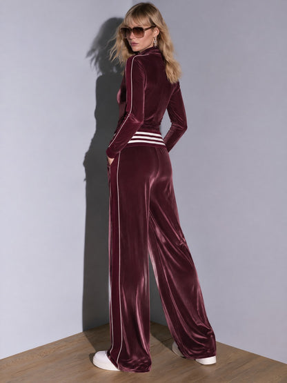 Casual Retro Burgundy Velvet Striped Button-Down Top And Wide-Leg Pants Set