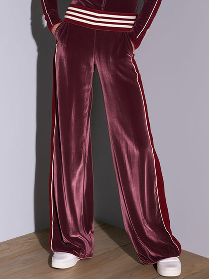 Casual Retro Burgundy Velvet Striped Button-Down Top And Wide-Leg Pants Set
