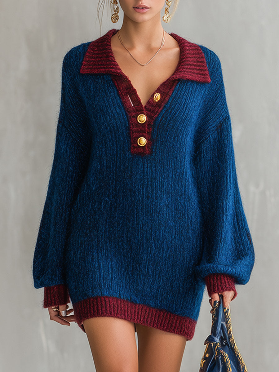 Oversized Contrast Trim Polo Collar Knit Mini Dress
