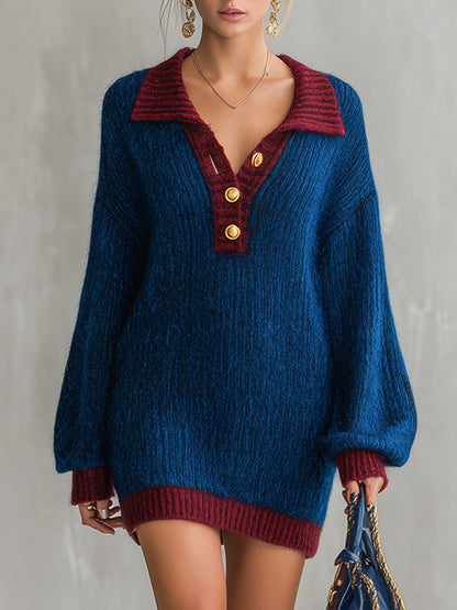 Oversized Contrast Trim Polo Collar Knit Mini Dress