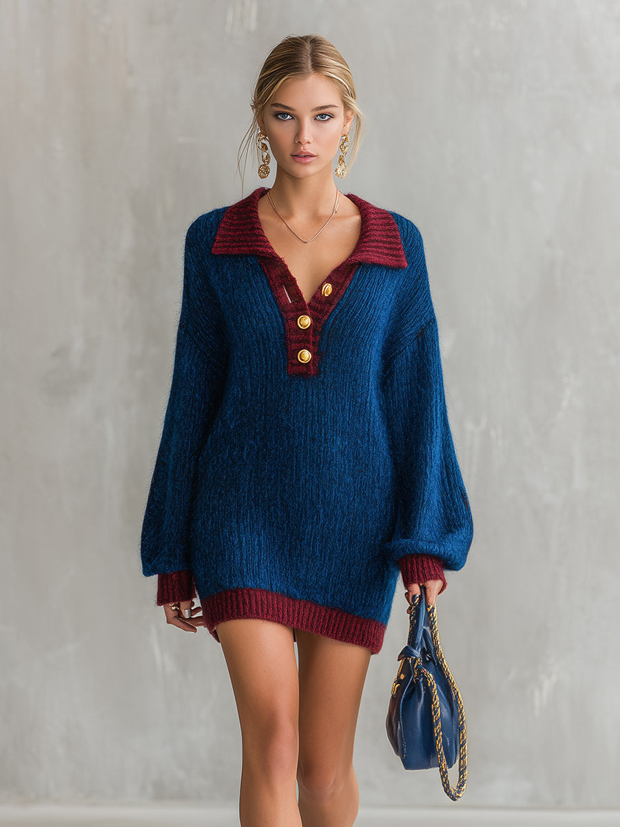 Oversized Contrast Trim Polo Collar Knit Mini Dress