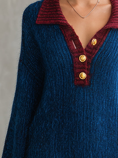Oversized Contrast Trim Polo Collar Knit Mini Dress