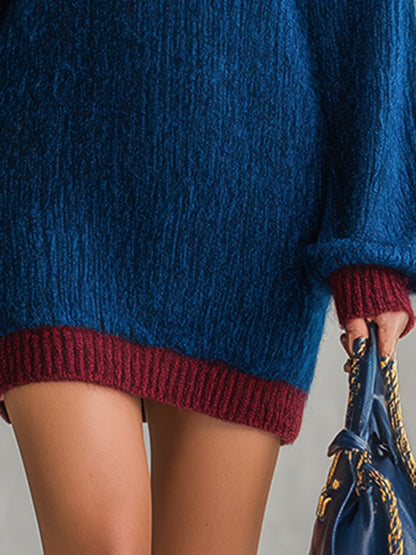 Oversized Contrast Trim Polo Collar Knit Mini Dress