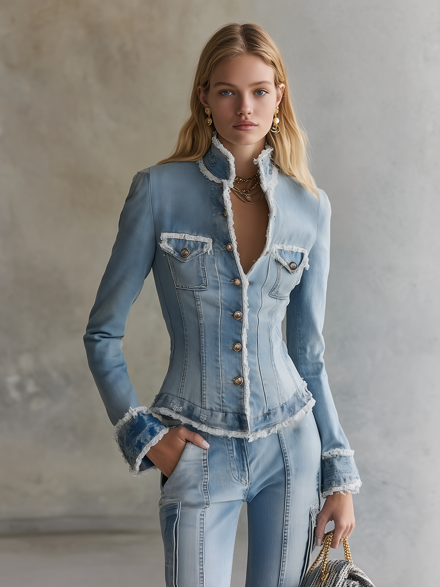Chic Corset Fitted Frayed Trim V-Neck Light Wash Button Front Denim Jacket