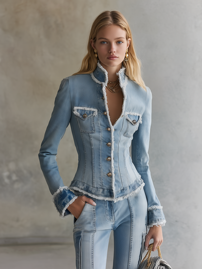 Chic Corset Fitted Frayed Trim V-Neck Light Wash Button Front Denim Jacket
