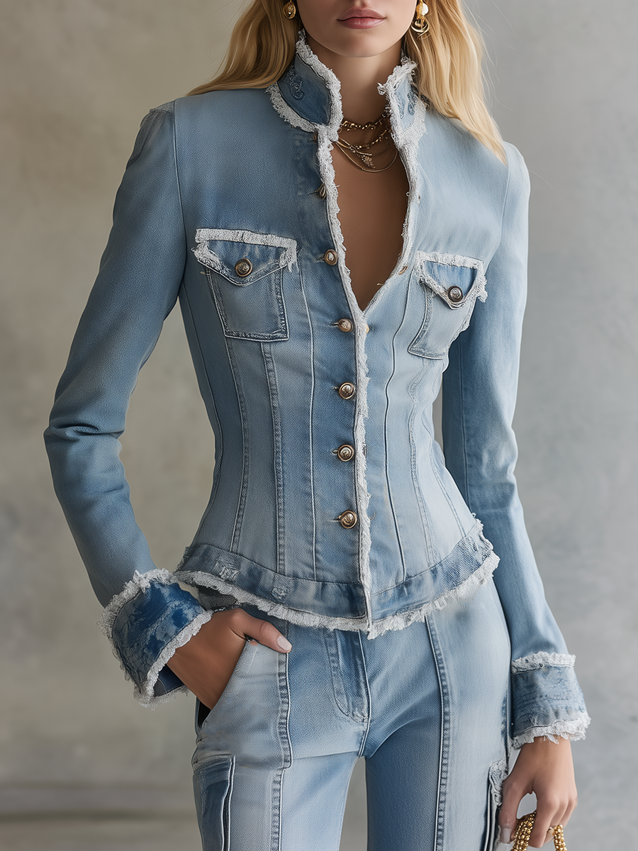 Chic Corset Fitted Frayed Trim V-Neck Light Wash Button Front Denim Jacket