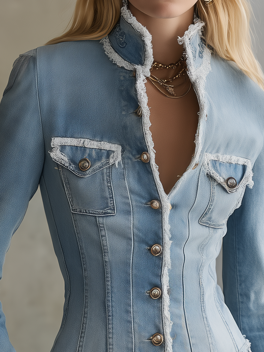 Chic Corset Fitted Frayed Trim V-Neck Light Wash Button Front Denim Jacket
