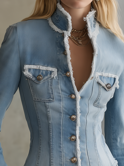 Chic Corset Fitted Frayed Trim V-Neck Light Wash Button Front Denim Jacket