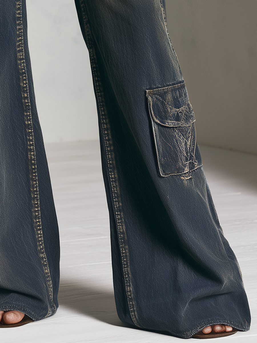 Retro Dirty Wash High Rise Wide Leg Baggy Cargo Flare Jeans