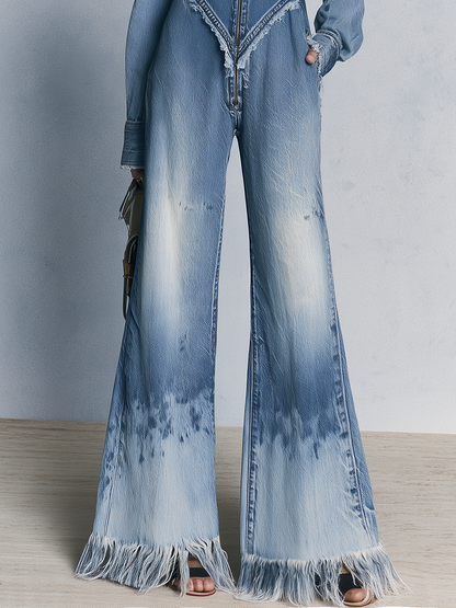 Boho Fringe Hem Zip Front V-Neck Long Sleeve Faded Wide Leg Denim Jumpsuit