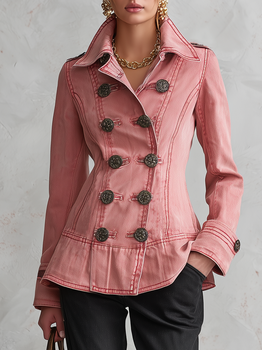 Vintage Military Double Breasted Pink Washed Peplum Fitted Denim Jacket
