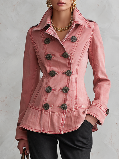 Vintage Military Double Breasted Pink Washed Peplum Fitted Denim Jacket