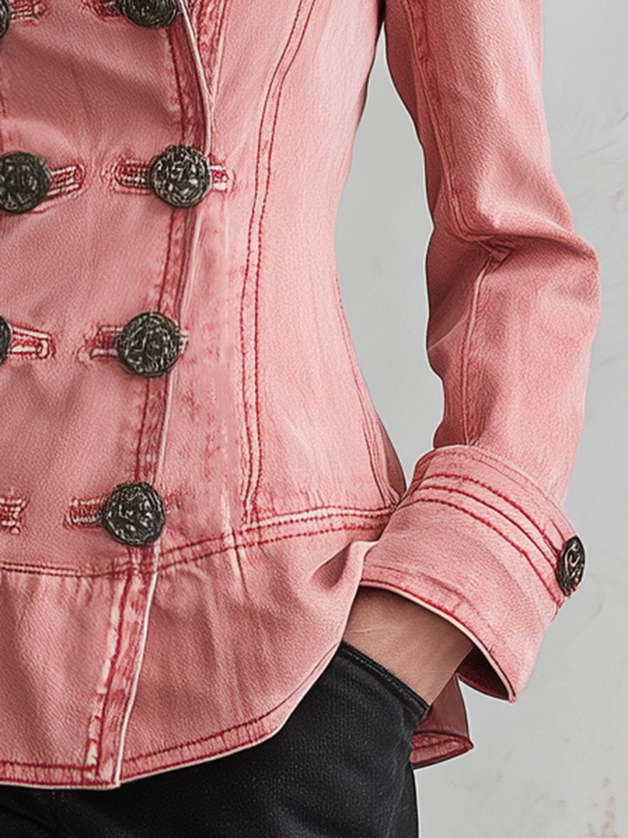 Vintage Military Double Breasted Pink Washed Peplum Fitted Denim Jacket