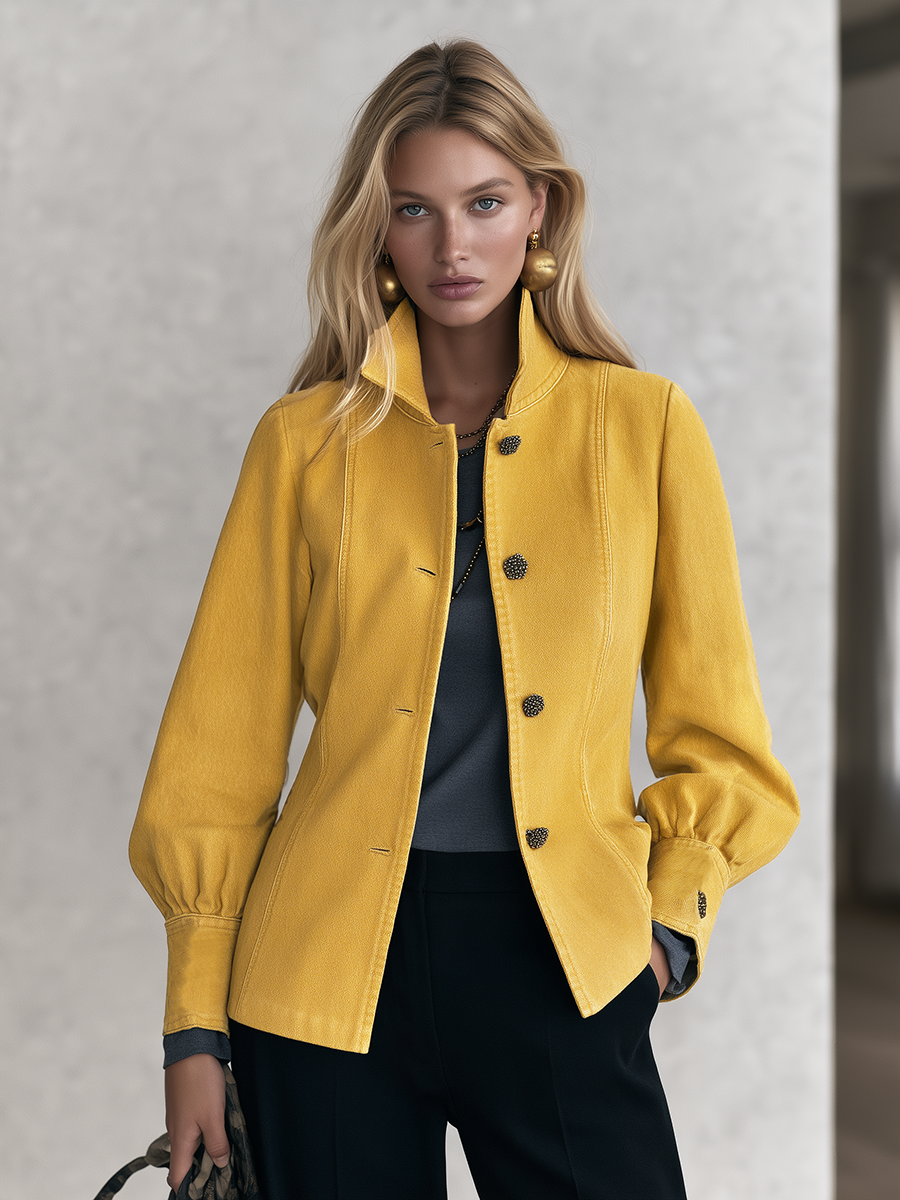 Classic Mustard Yellow Stand Collar Bishop Sleeve Tailored Button Front Jacket