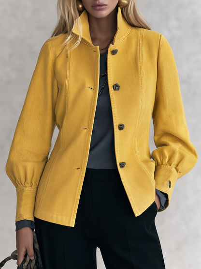 Classic Mustard Yellow Stand Collar Bishop Sleeve Tailored Button Front Jacket