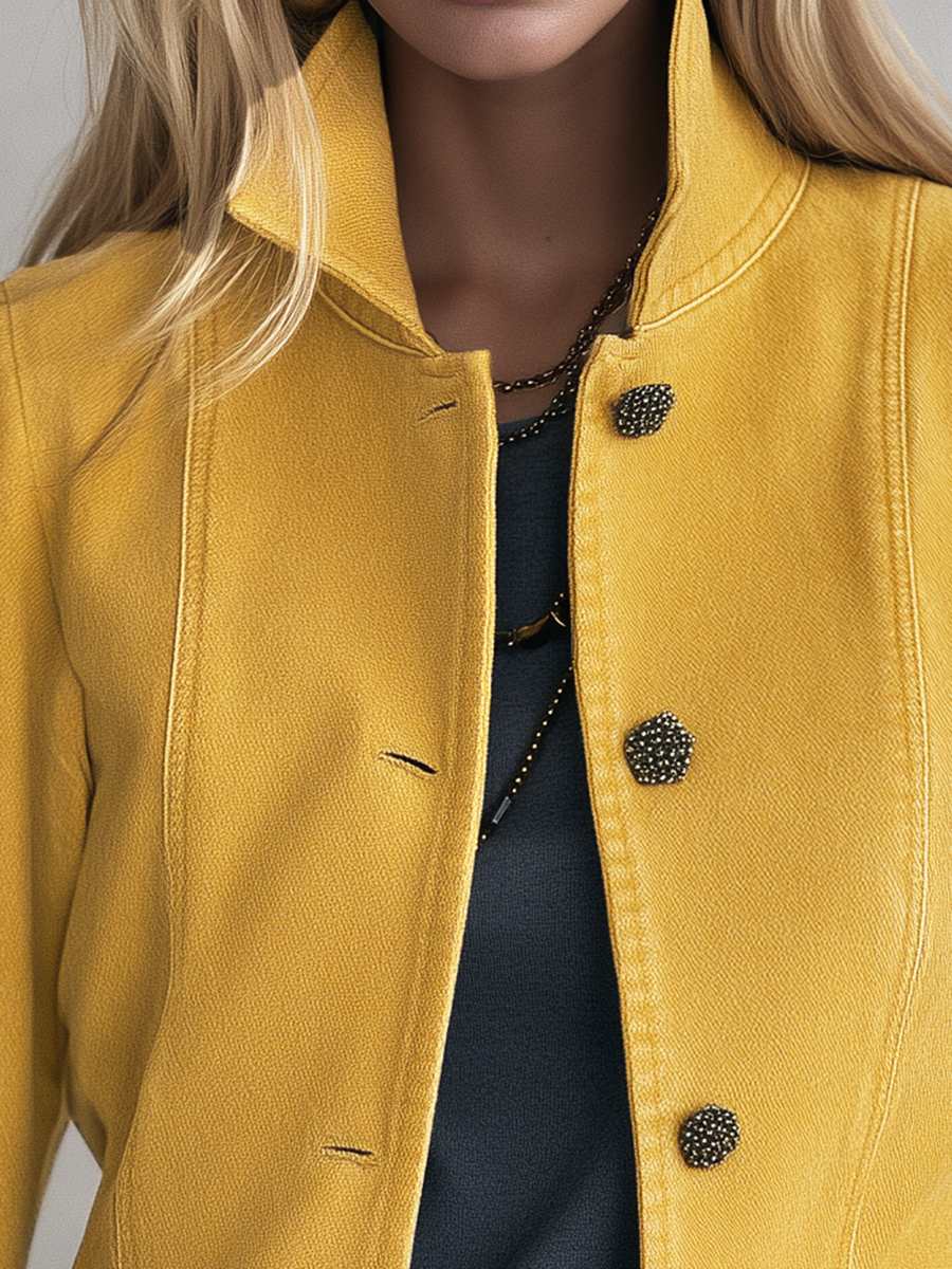 Classic Mustard Yellow Stand Collar Bishop Sleeve Tailored Button Front Jacket