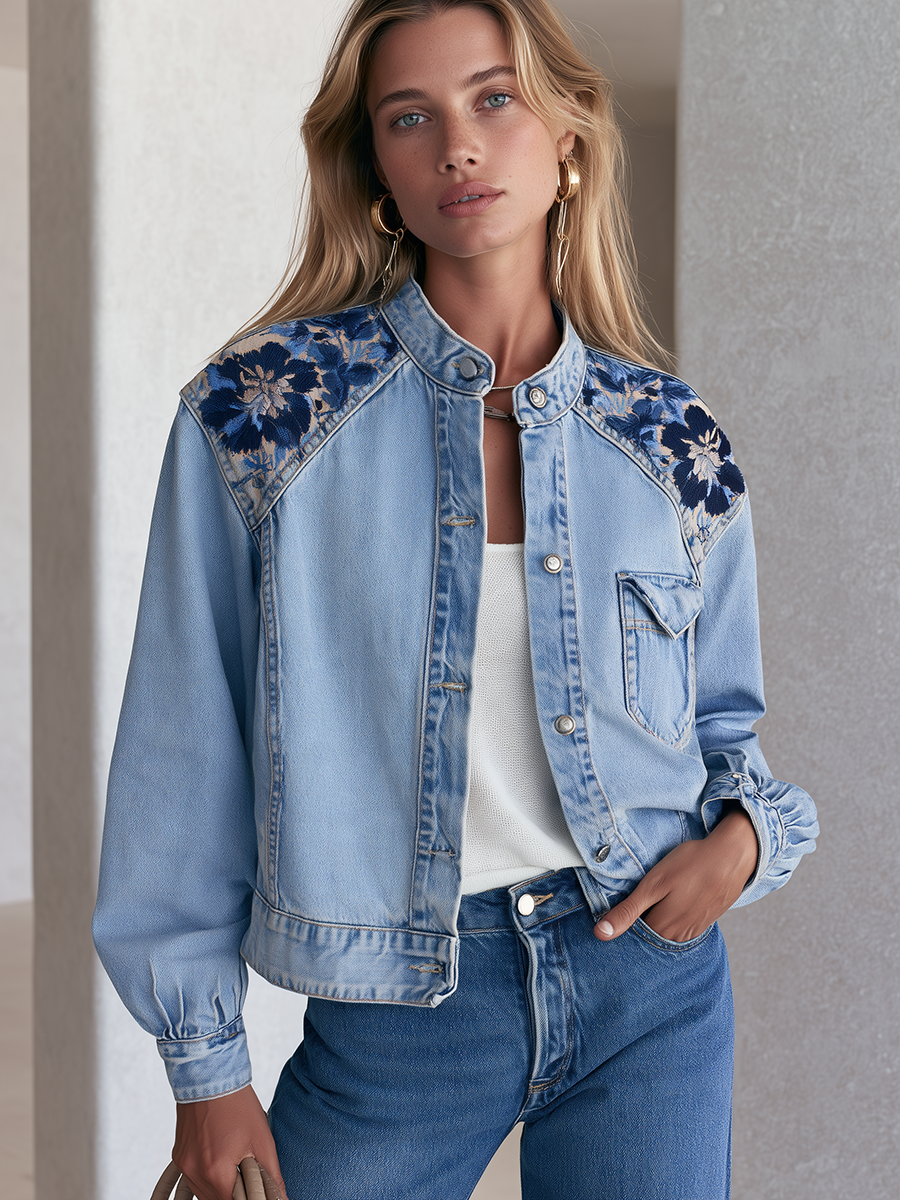 Vintage Floral Embroidered Light Wash Band Collar Cropped Western Denim Jacket