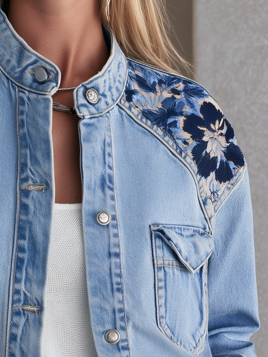 Vintage Floral Embroidered Light Wash Band Collar Cropped Western Denim Jacket