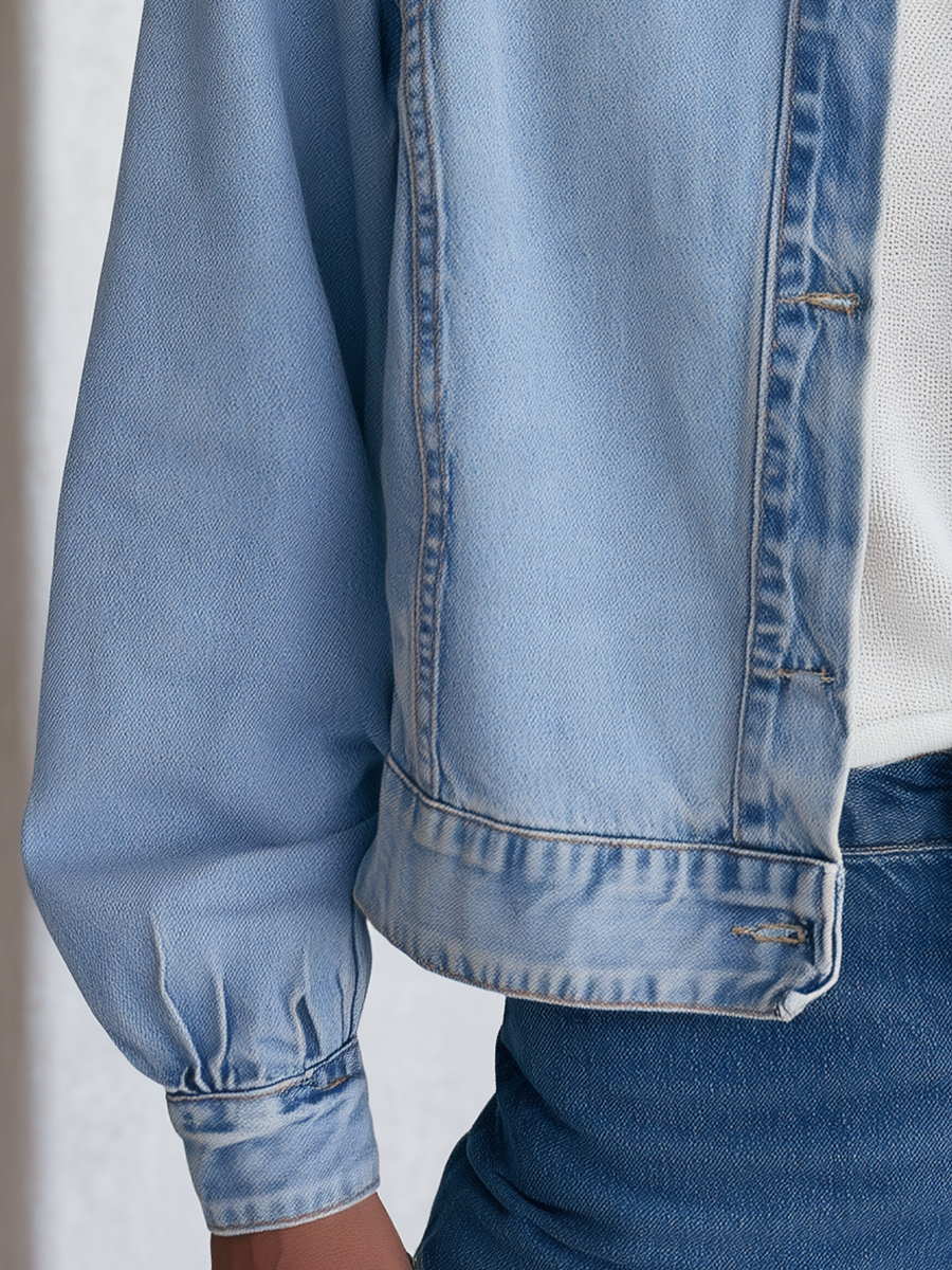 Vintage Floral Embroidered Light Wash Band Collar Cropped Western Denim Jacket