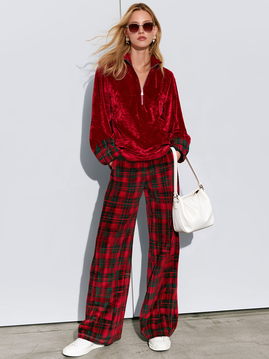 Casual Bright Red Velvet Half-zip Top And Plaid Wide-leg Pants Set
