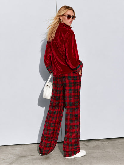 Casual Bright Red Velvet Half-zip Top And Plaid Wide-leg Pants Set