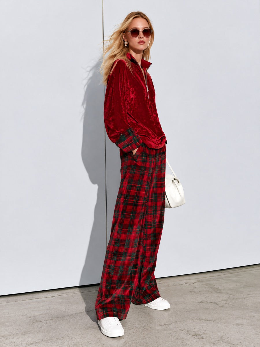Casual Bright Red Velvet Half-zip Top And Plaid Wide-leg Pants Set