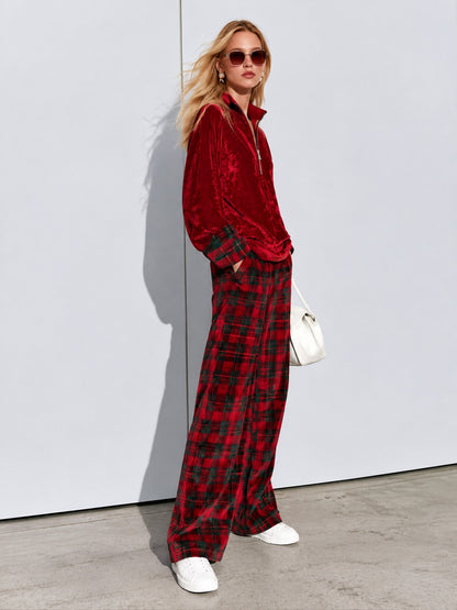 Casual Bright Red Velvet Half-zip Top And Plaid Wide-leg Pants Set