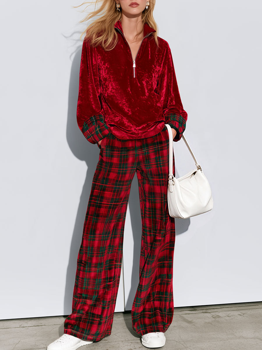 Casual Bright Red Velvet Half-zip Top And Plaid Wide-leg Pants Set
