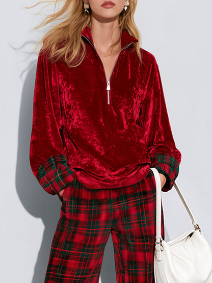 Casual Bright Red Velvet Half-zip Top And Plaid Wide-leg Pants Set