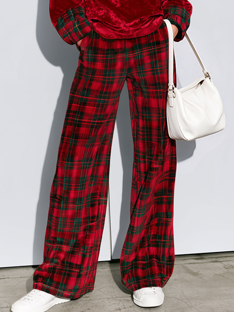 Casual Bright Red Velvet Half-zip Top And Plaid Wide-leg Pants Set