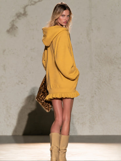 Mustard Yellow Half-zip Hooded Sweatshirt Dress Featuring Leopard-print Star Appliqués And A Ruffled Hem