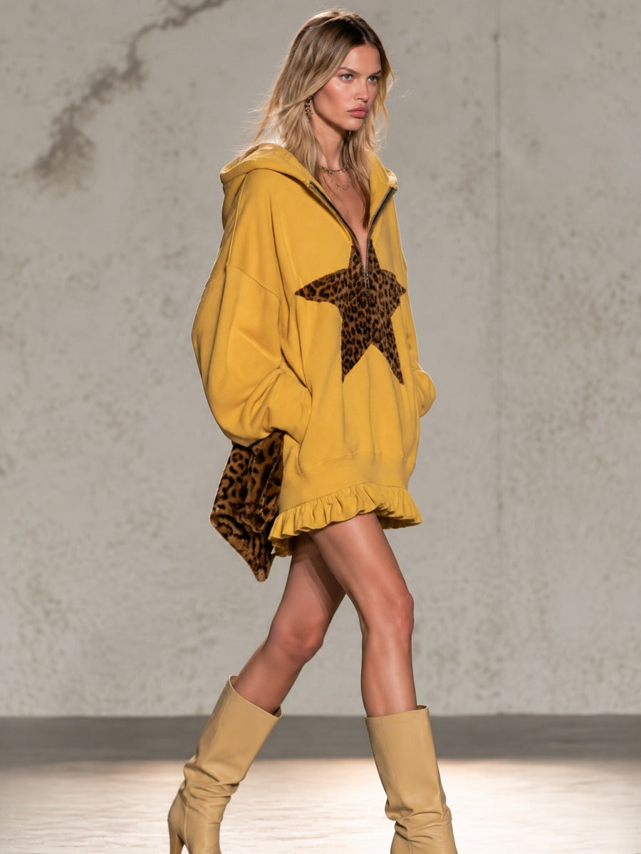 Mustard Yellow Half-zip Hooded Sweatshirt Dress Featuring Leopard-print Star Appliqués And A Ruffled Hem