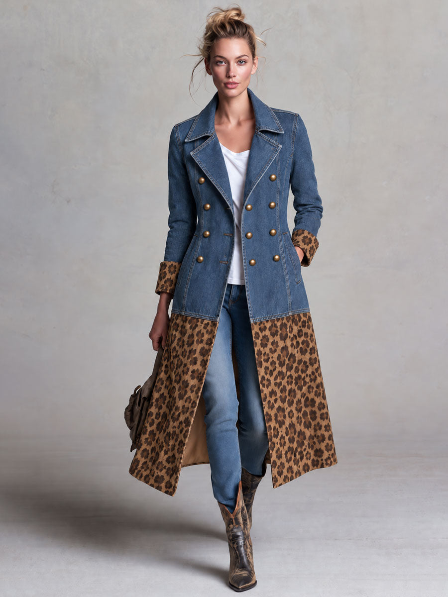 Retro Denim Patchwork Leopard Print Faux Suede Coat