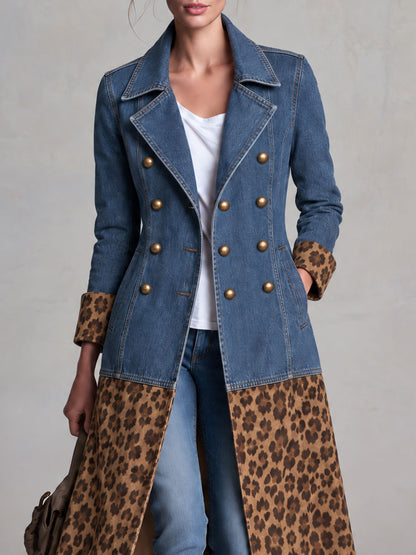 Retro Denim Patchwork Leopard Print Faux Suede Coat