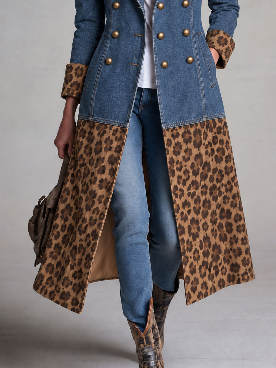 Retro Denim Patchwork Leopard Print Faux Suede Coat