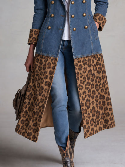 Retro Denim Patchwork Leopard Print Faux Suede Coat