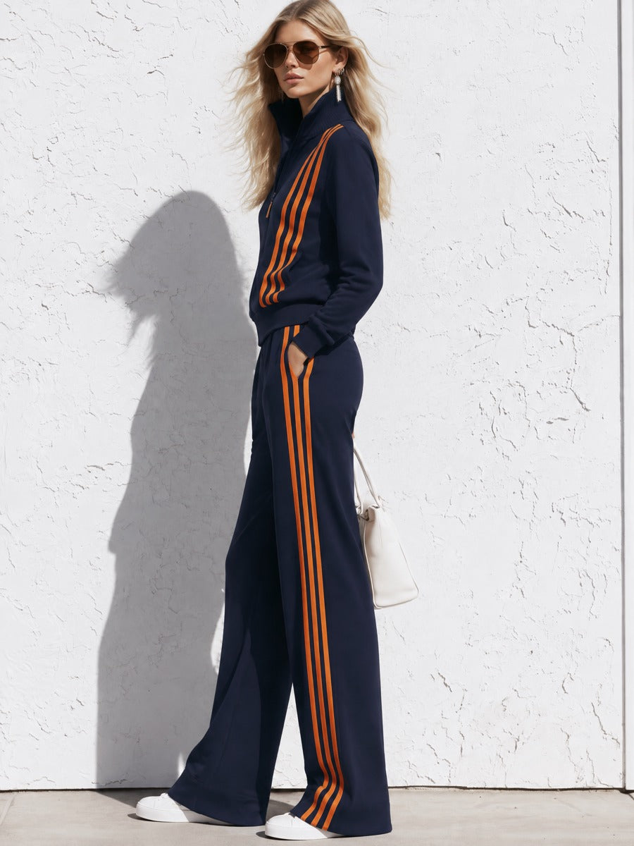 Casual Sporty Orange Striped Navy Blue Cotton Zipper Jacket Sweatshirt And Pants Set