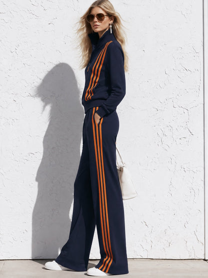 Casual Sporty Orange Striped Navy Blue Cotton Zipper Jacket Sweatshirt And Pants Set