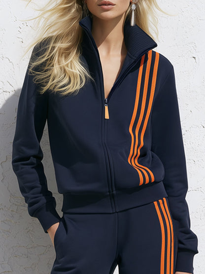 Casual Sporty Orange Striped Navy Blue Cotton Zipper Jacket Sweatshirt And Pants Set